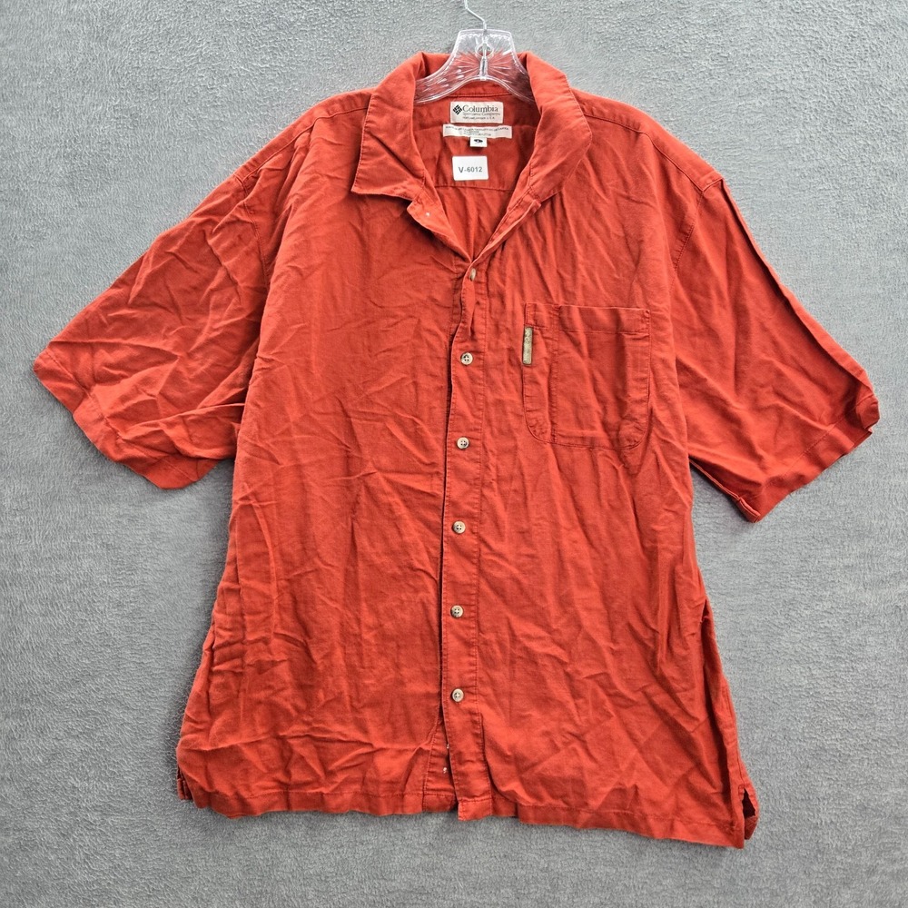Columbia Men‎ Button Up Shirt Large Orange Pocket Short Sleeve Collar Cotton
